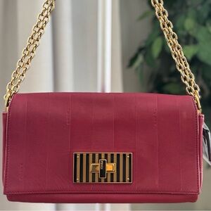 FENDI Baguette Pequin Red Leather Shoulder Bag